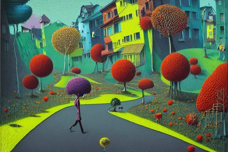 Image similar to surreal glimpse into other universe, jalan - jalan cari makan, summer morning, very coherent and colorful high contrast, art by!!!! gediminas pranckevicius!!!!, geof darrow, floralpunk screen printing woodblock, dark shadows, hard lighting, stipple brush technique,