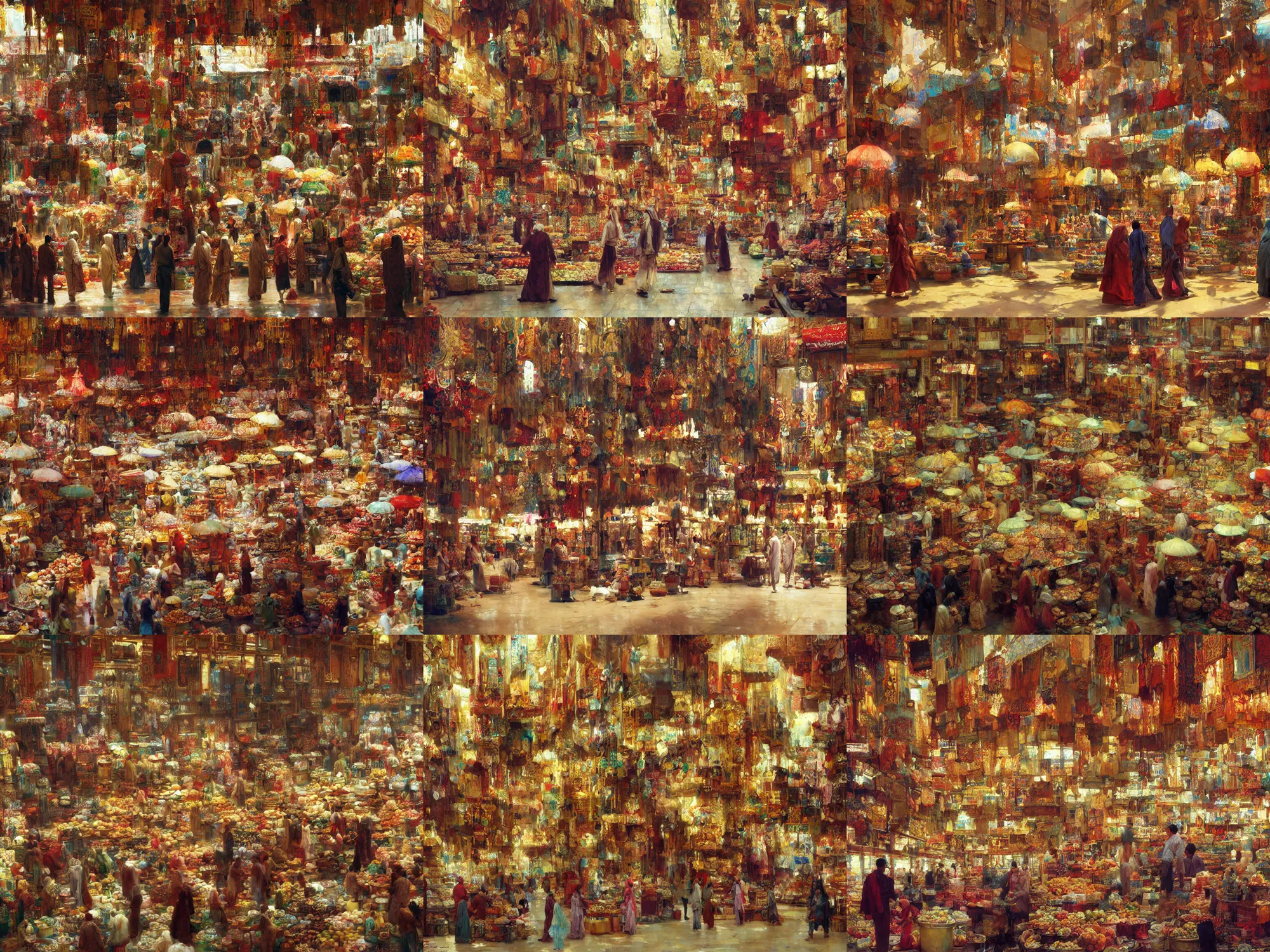 Prompt: inside an arabian market bazaar, hauting, mesmerizing, ornate, wide angle shot, painting by craig mullins, oil on canvas,