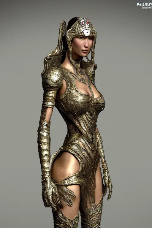 Image similar to a highly detailed 4 k render portrait of a beautiful tall alien goddess bella hadid in iris van herpen dress armor schiaparelli in diamonds and jewelry in style of alphonse mucha trending on artstation made in unreal engine 4