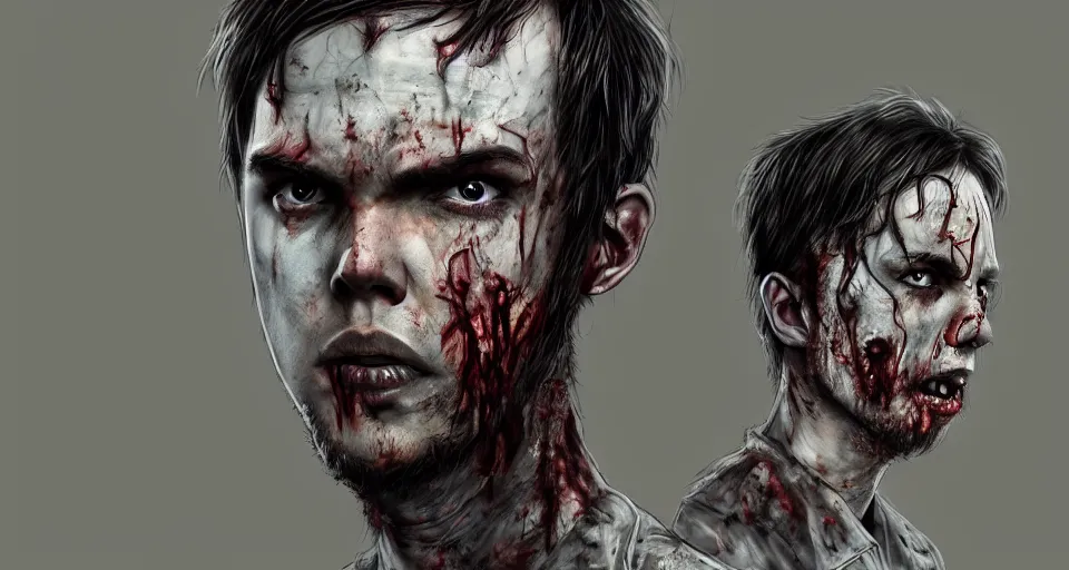 Image similar to angry urban zombie portrait of nicholas hoult, grimdark horror, stylized digital illustration, radiating a glowing aura, global illumination, ray tracing, hdr, fanart arstation by ian pesty and katarzyna bek - chmiel