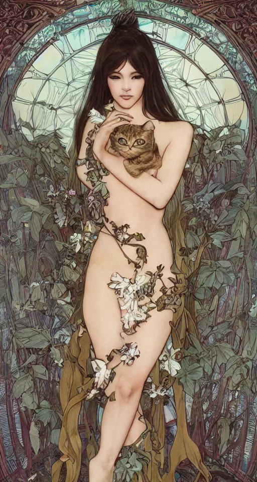 Image similar to 3/4 body portrait of the neko princess by artgerm and H R Giger and alphonse mucha, HD, full body cat concept, soft cat, Human body with cat features, beautiful princess, perfect face, perfect body, 10/10 would dream again, fantasy, intricate, elegant, highly detailed, digital painting, artstation, concept art, smooth, sharp focus, illustration, ray tracing, 4k realistic 3d rendered portrait, soft shading, soft colors, relaxed colors, hyperdetailed, wide angle lens, fantasy