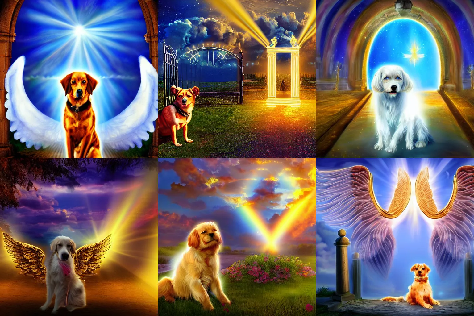 Prompt: a beautiful digital painting of a dog with angel wings in front of gates of heaven, Tyndall effect, golden heavenly lights, breathtaking clouds, 4K, HDR