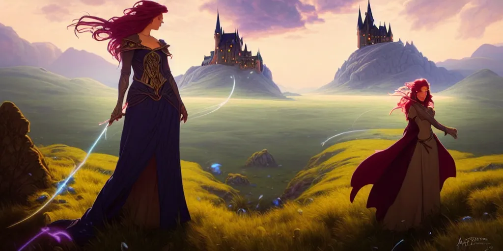 Prompt: a photo of a fantasy female wizard surrounded by magical particles stands on a hill. in the background on another hill stands a castle with mountains in the background, filled with magic, highly detailed, digital painting, artstation, smooth, sharp focus, illustration, art by artgerm and greg rutkowski and alphonse mucha