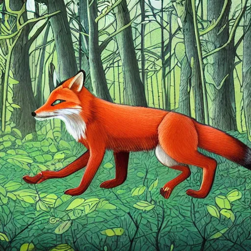 Image similar to an adventurous anthropomorphic fox walking through a lush forest, James jean