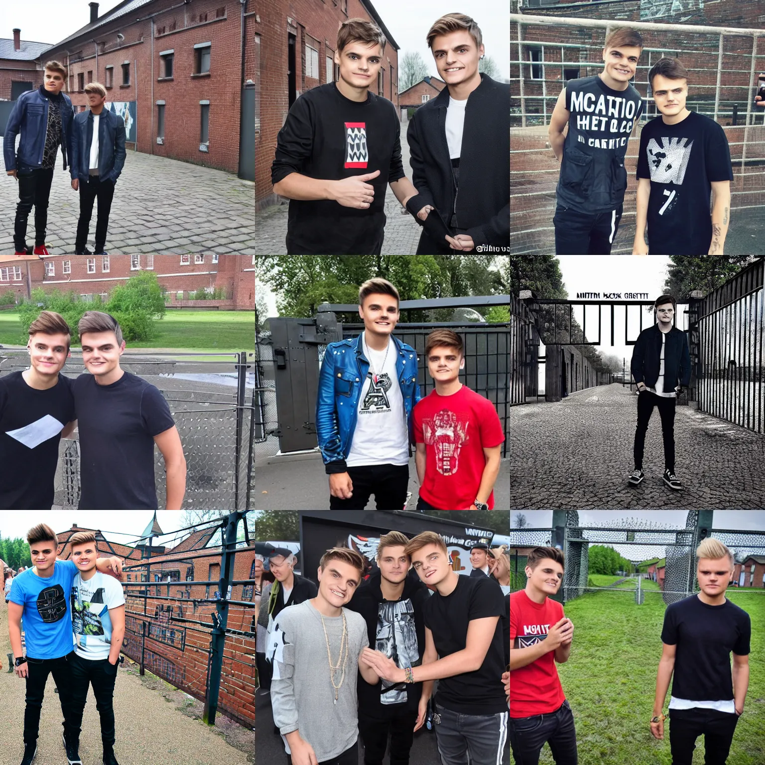 Prompt: martin garrix meets avicii in front of auschwitz gate