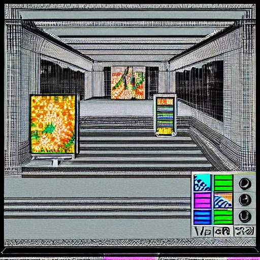 Prompt: virtual art museum in a 9 0 s video game!, net art!!, ps 2 graphics, 3 d computer rendering, liminal space!, hd, intricate, detailed