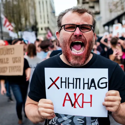 Image similar to photograph of smiling man holding a protest sign saying'xdxbfjzbd in the ahhhahhhahh ', high detail, 8 k resolution