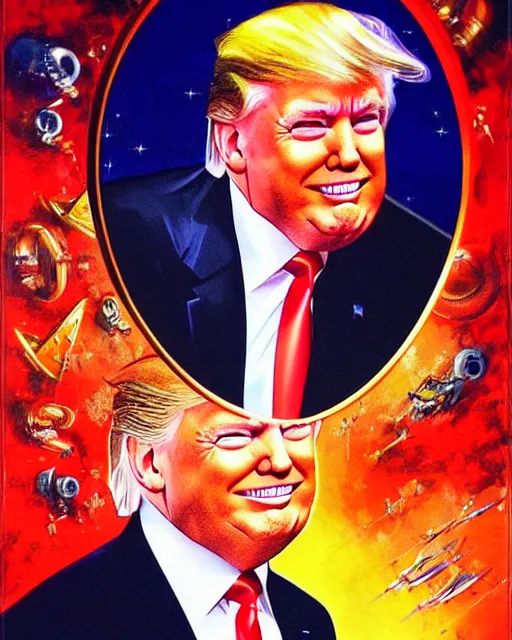 Prompt: donald trump with a subtle smirky smile painted by drew struzan, intrincate background, clear highly detailed, beautiful sci fi art