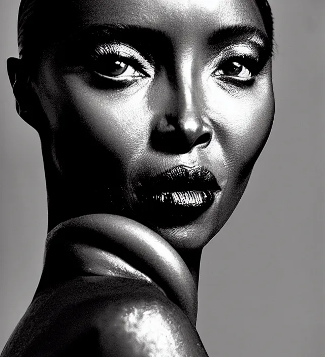 Prompt: scifi film scene from riddley scott, starring naomi campbell looking fragile and dressed by some organic cloth from iris van herpen film noir lighting,, with stylish makeup. highly detailed, skin grain detail, photography by paolo roversi, amano, nick knight, helmut newton, avedon, araki