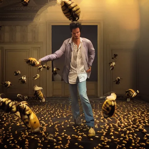 Image similar to hyperrealistic dslr film still of ace ventura pet detective stung by millions of bees, stunning 8 k octane comprehensive 3 d render, inspired by istvan sandorfi & greg rutkowski & unreal engine, perfect symmetry, dim volumetric cinematic lighting, extremely hyper - detailed, extremely lifelike attributes & lifelike texture, intricate, masterpiece, artstation, stunning