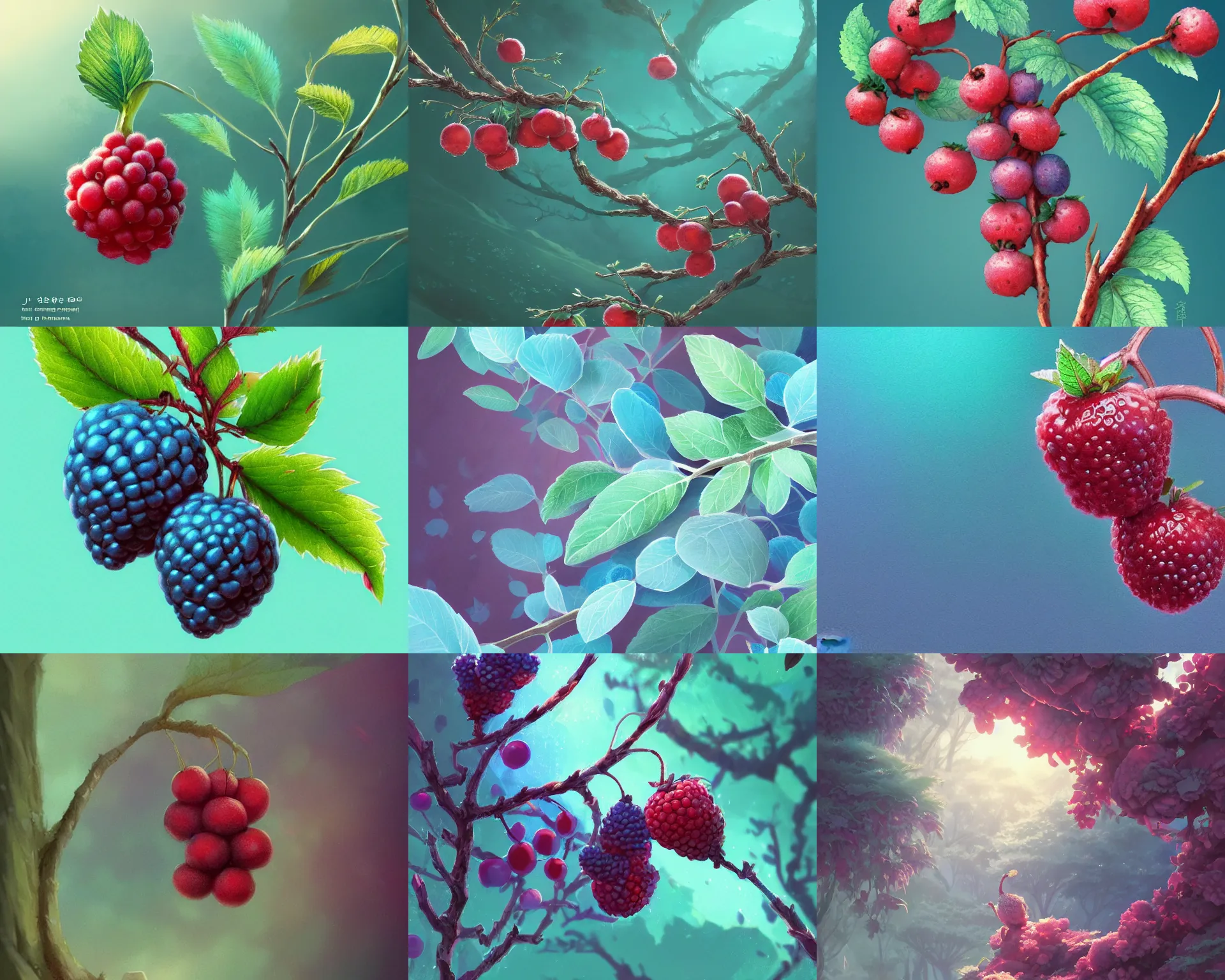 Prompt: cyan colored berry plants, magnificent, close up, details, sharp focus, elegant, highly detailed, illustration, by Jordan Grimmer and greg rutkowski and PiNe(パイネ) and 薯子Imoko and 香川悠作 and wlop and maya takamura, intricate, beautiful, Trending artstation, pixiv, digital Art