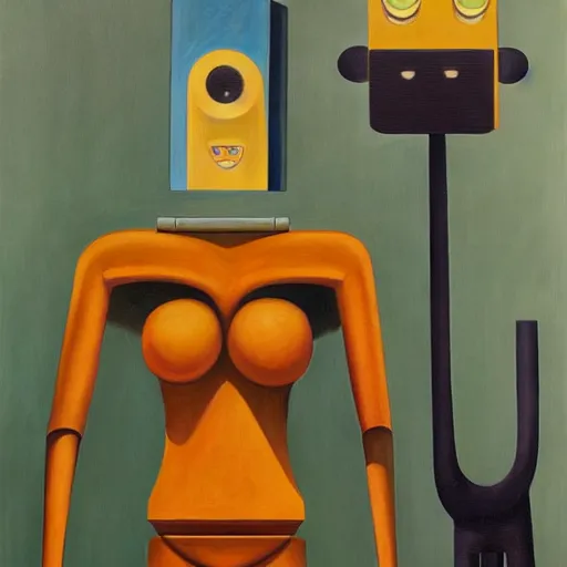 Image similar to three brutalist feline robots portrait, grant wood, pj crook, edward hopper, oil on canvas