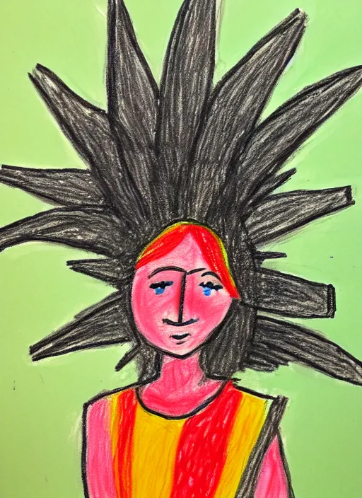 Prompt: a painting of the goddess of explosions as drawn by a child, crayon on paper