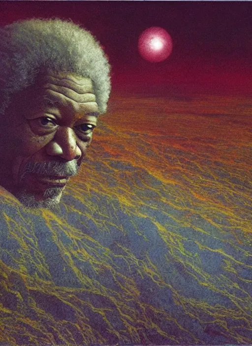 Image similar to Morgan Freeman exploring the space as creator of the world, overview in style of beksinski