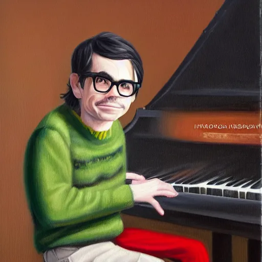 Image similar to An Oil Painting of Rivers Cuomo in a sweater with long hair and a mustache playing his piano in an apartment as a nuke drops onto the city outside his window next to him, hyperrealistic, extremely realistic, highly realistic, HD Quality, 4k resolution, 8k resolution, Detailed, Very Detailed, Highly Detailed, Extremely Detailed, Intricate Details, Real, Very Real, Oil Painting, Digital Painting, Painting, Trending on Deviantart, Trending on Artstation