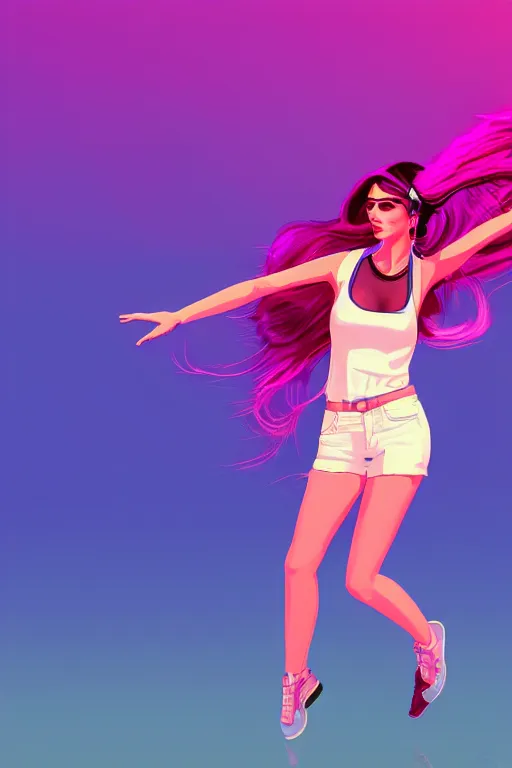 Image similar to a stunning GTA V loading screen with a beautiful dancing woman with ombre purple pink hairstyle, hair blowing in the wind, sunset mood, outrun, vaporware, retro, digital art, trending on artstation