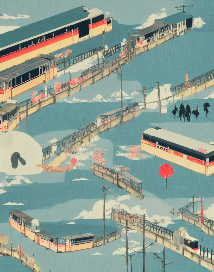 Image similar to seaside tail train rural japan, a collage painting, in the style of wes anderson, lola dupre, david hockney, isolated on negative white space background dark monochrome fluorescent spraypaint accents volumetric octane render, not double decker