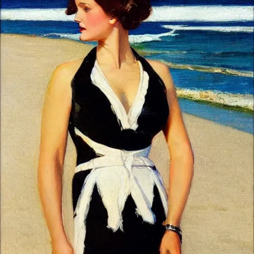 Image similar to woman on the beach, black dress, part leyendecker style, part dean cornwell style