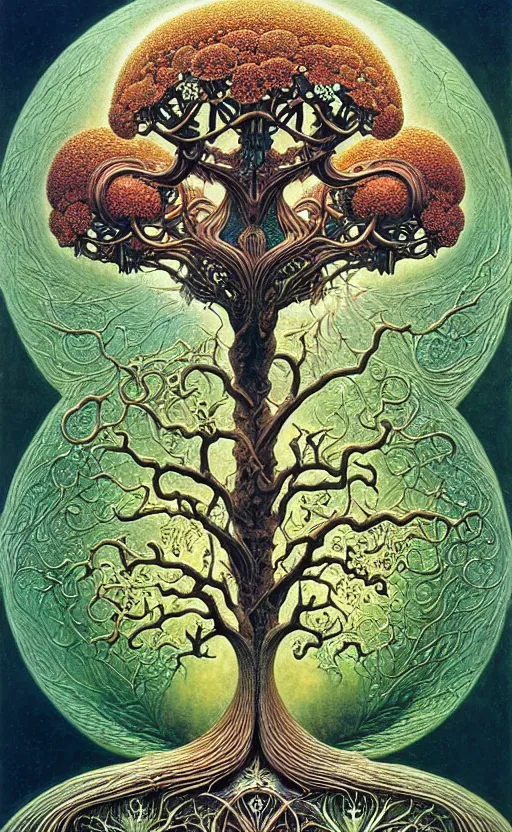 Image similar to tree of life by roger dean and andrew ferez, art forms of nature by ernst haeckel, divine chaos engine, symbolist, visionary, art nouveau, botanical fractal structures, organic, detailed, realistic, surreality