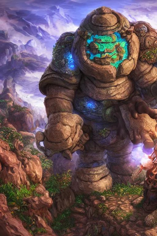 Image similar to zelda fantasy art giant golem troll wood rock greeble gemstone, global illumination ray tracing hdr fanart arstation by sung choi and eric pfeiffer and gabriel garza and casper konefal