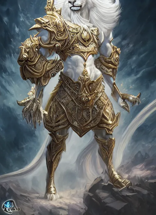 Image similar to anthropomorphized white lion paladin casting magic bright light spell, smiling, casting spell, concept art, insanely detailed and intricate, hypermaximalist, elegant, ornate, hyper realistic, super detailed, art deco, cinematic, trending on artstation, magic the gathering artwork