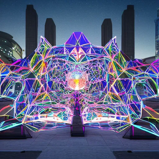 Image similar to intricate abstract symmetrical sculpture made out of bones, placed in the city at night and lighted with colorful projectors, digital art render