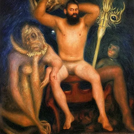 Image similar to by bill henson, by pierre - auguste renoir dark exciting. a mixed mediart of a mythological scene. large, bearded man seated on a throne, surrounded by sea creatures. he has a trident in one hand & a shield in the other. behind him is a large fish. in front of him are two smaller creatures.