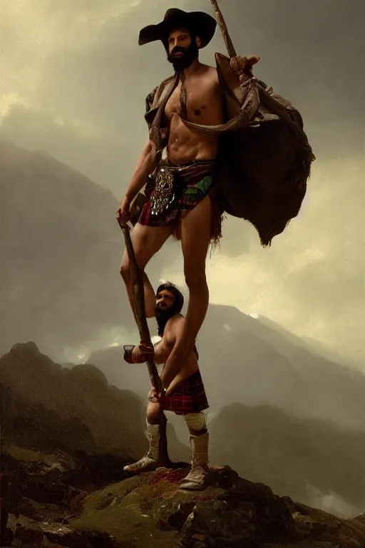 Prompt: a portrait by greg rutkowski and albert bierstadt of a handsome buff beautiful shirtless desi mountaineer on a mountain peak | he is wearing a short tartan kilt, cowboy hat, and leather boots | he is holding a walking stick | background is snowy mountains and clouds | homoerotic, detailed face, dramatic, ethereal, dreamlike | trending on artstation