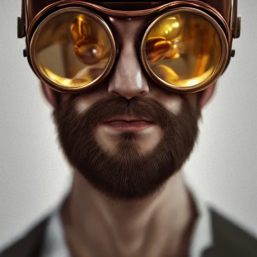 Prompt: a highly detailed portrait of a young man with yellow hair, copper steampunk glasses pushed to the forehead, victorian style, steampunk, artstation, deviantart, professional, octane render