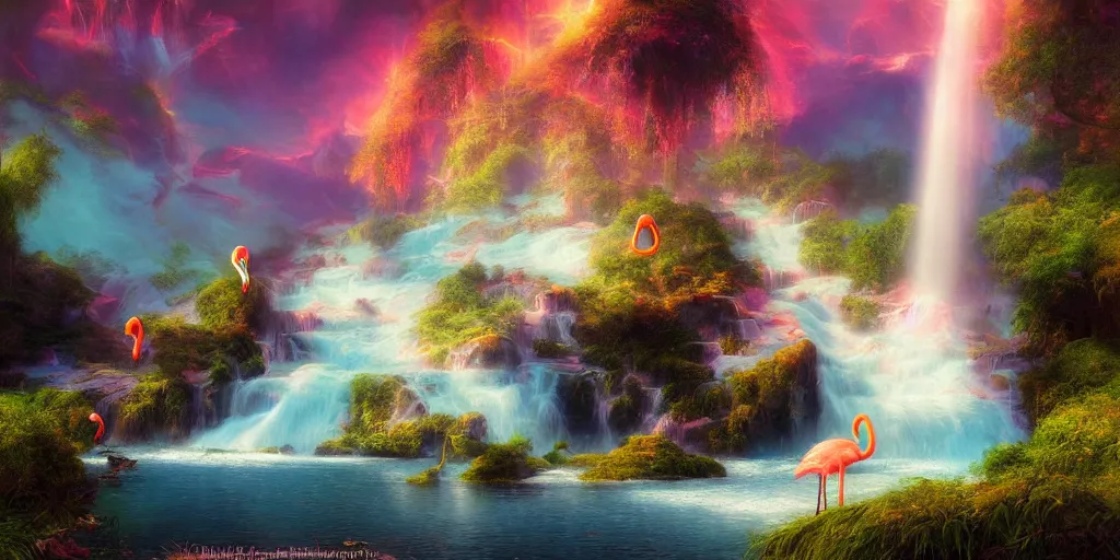 Prompt: flamingo in the lake, magical energies emanating from it, waterfall, god rays, wide angle, fantasy art, matte painting, sharp focus, vibrant colors, high contrast, illustration, art by justin gerard