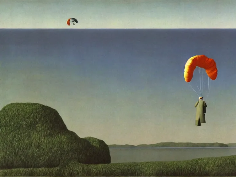 Image similar to man parachuting on a small island in the middle of a big lake painting by rene magritte, high detail, high resolution
