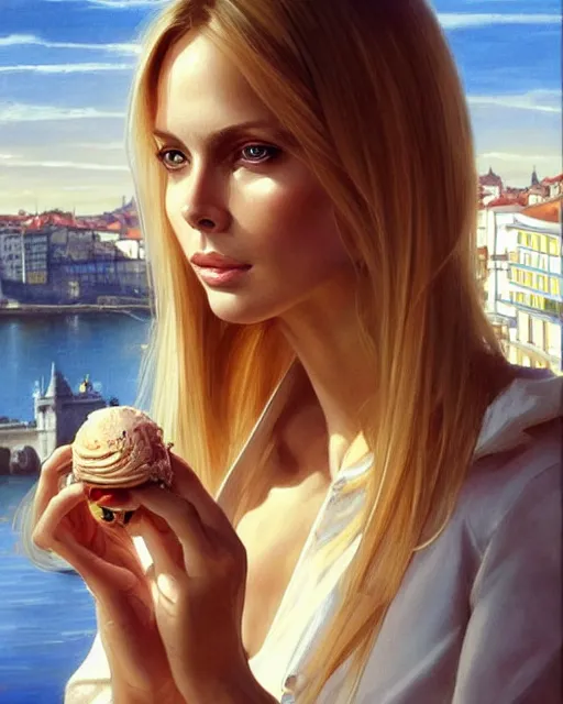 Image similar to portrait of a blonde barbara bach from the bond film eating ice creams in porto, real life skin, intricate, elegant, highly detailed, artstation, concept art, smooth, sharp focus, art by artgerm and greg rutkowski and alphonse mucha