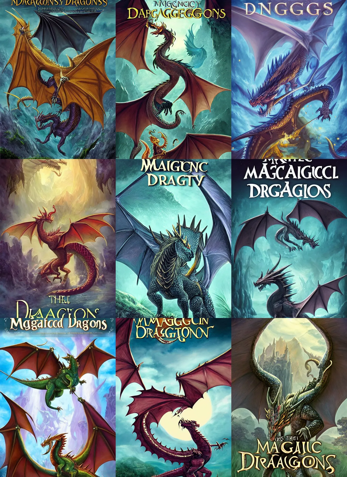 Prompt: magical fantasy book cover about dragons