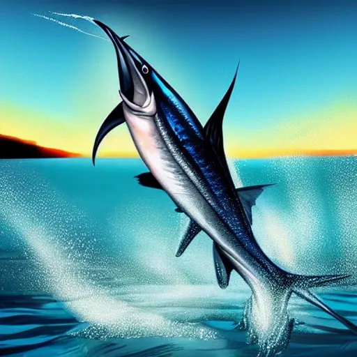 Prompt: of an amazing realistic illustration of a marlin fish jumping out of water, go pro footage, water line surface, sunrise lighting, dynamic composition