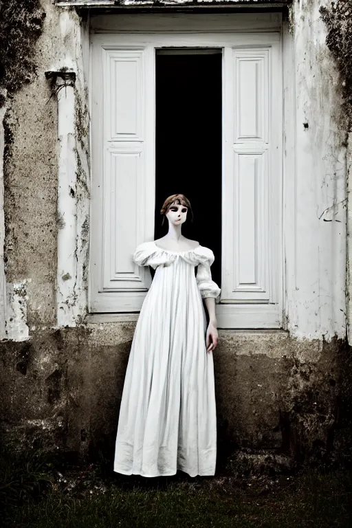 Image similar to a beautiful portrait photography of a female in beautiful dress standing by the white door ， by monia merlo, full body, fashion, romanticism, flowers, modern. model.