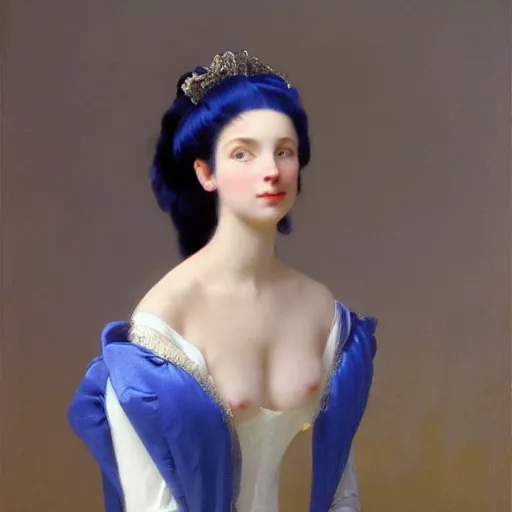 Image similar to young woman's face, her hair is white and she wears a cobalt blue duchesse satin cloak, by ivan aivazovsky and syd mead and moebius and gaston bussiere and roger dean and willem claesz and pieter claesz and paul delaroche and alma tadema and aelbert cuyp, hyperrealistic, volumetric light, octane