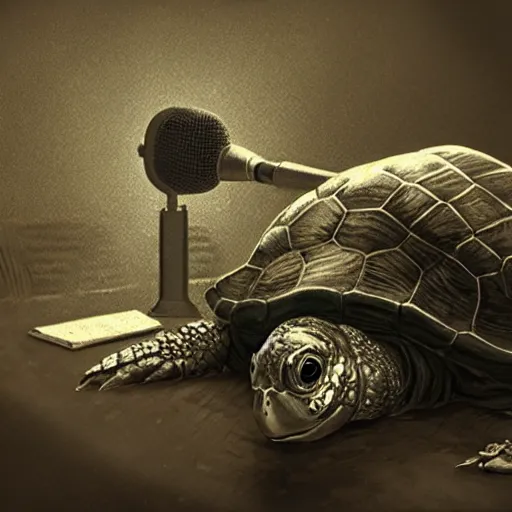 Prompt: a old turtle speaking to a condenser microphone in a studio, digital art by łukasz piskorz and patrick mcenvoy and michael komarck, intricate, highly detailed, artstation, concept art, smooth, sharp focus photo centered