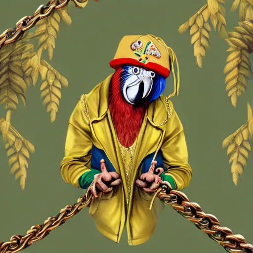 Image similar to parrots dressed in golden rings, necklaces and with caps on head, rapping and sitting on golden trees, rap scene, jungle concept art, trending on artstation, highly detailed, digital art, 8 k