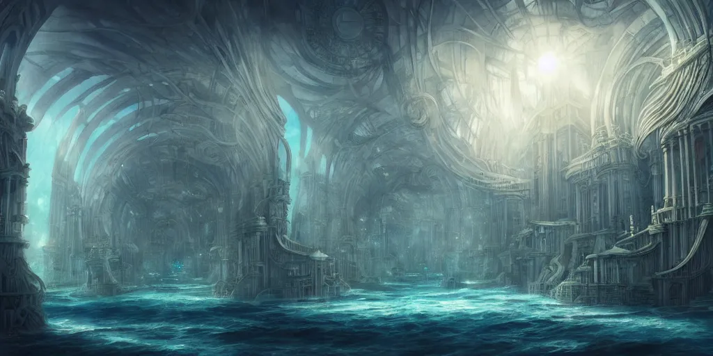 Image similar to underwater city, by role thomas style and giovanni paolo panini style epic, symmetrical, insanely detailed, style of charlie bowater, kelly mckernan, unreal engine render, artstation trends, hyper detail, epic art style, cinematic, concept art