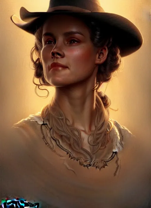 Image similar to portrait of dolores from westworld, cowboy, 1 8 9 0, western, hat, colt intricate, headshot, highly detailed, digital painting, artstation, concept art, sharp focus, cinematic lighting, illustration, art by artgerm and greg rutkowski, alphonse mucha, cgsociety