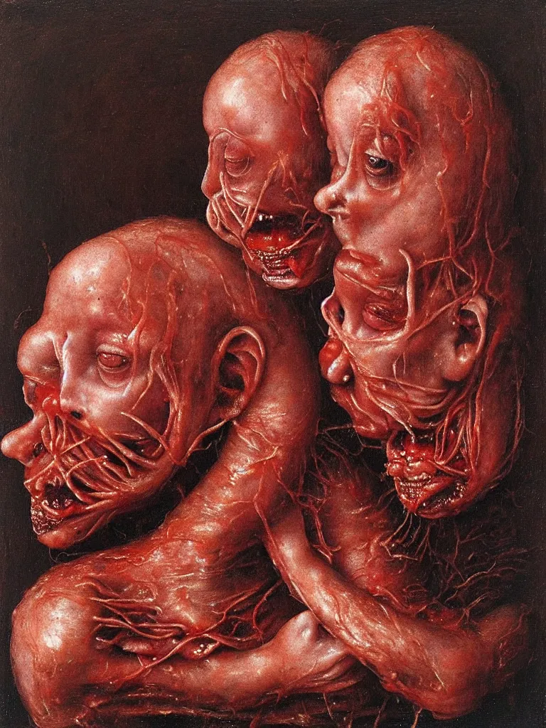 Prompt: siamese twins made of hair and meat sitting in a tub full of tomato sauce, looking straight into camera, screaming in desperation, by giuseppe arcimboldo and ambrosius benson, renaissance, intricate and intense oil paint, a touch of joseph cornell, beksinski and hr giger and edward munch, realistic