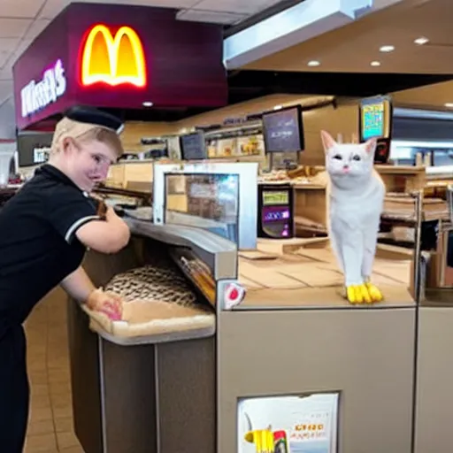 Image similar to a humanoid cat working on mcdonalds helping people at the register