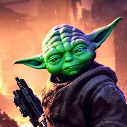 Prompt: Yoda in gears of war, splash art, movie still, detailed face, cinematic lighting, dramatic, octane render, long lens, shallow depth of field, bokeh, anamorphic lens flare, 8k, hyper detailed, 35mm film grain