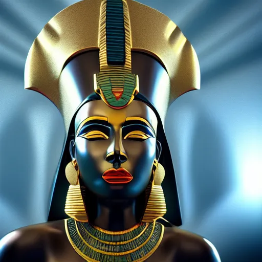 Prompt: 3d render of a pharaoh covered in glowing gold jewelry, octane render, cinema4d, unreal engine, cgsociety