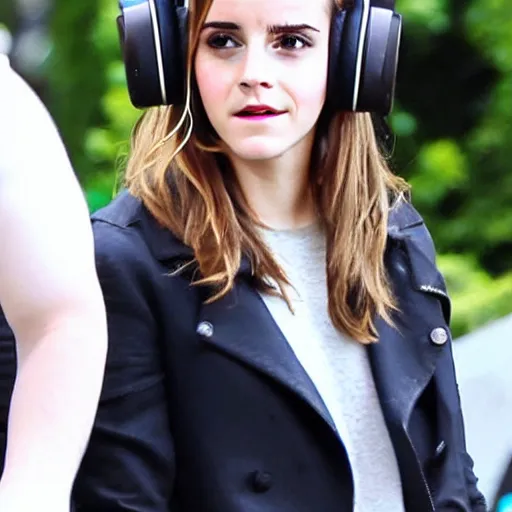 Prompt: emma watson wearing a gaming headset photo