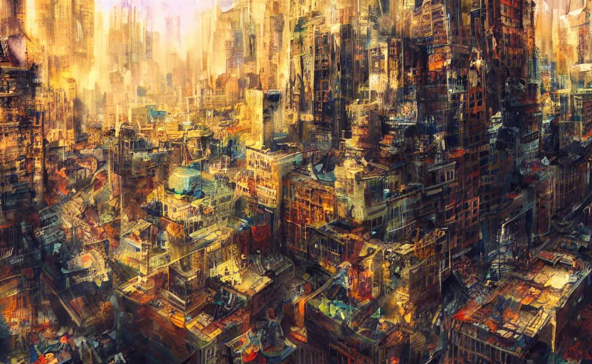 Image similar to City crashing into the Ground, digital painting, expressionistic, intricate detail, meticulous brush strokes, genius composition, masterpiece, work of art, 4k wallpaper