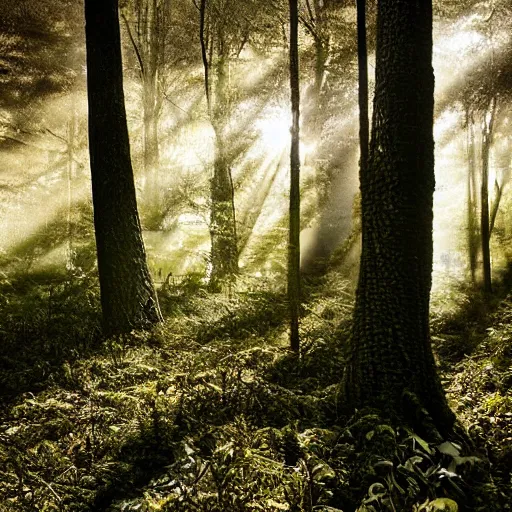 Image similar to eerie forest overgrown with mushrooms with sun rays peeking through the trees