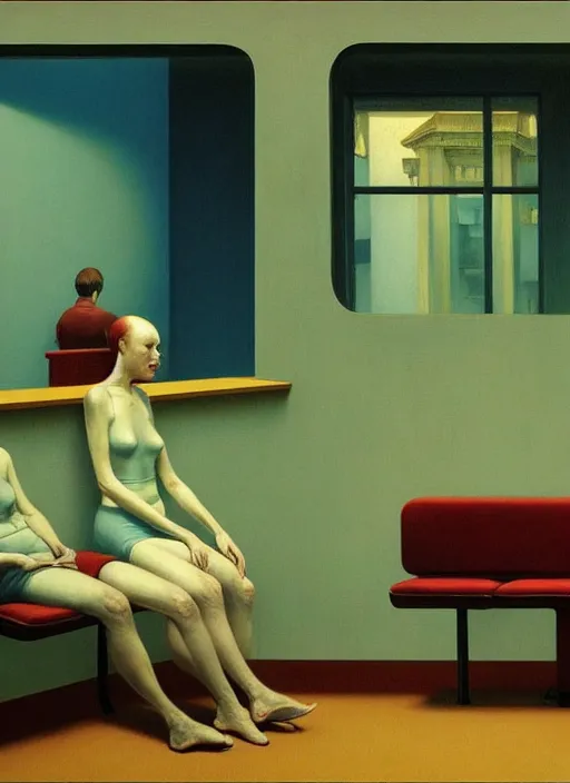 Prompt: inside a waiting room, Edward Hopper and James Gilleard, Zdzislaw Beksinski, Mark Ryden, Wolfgang Lettl highly detailed, hints of Yayoi Kasuma