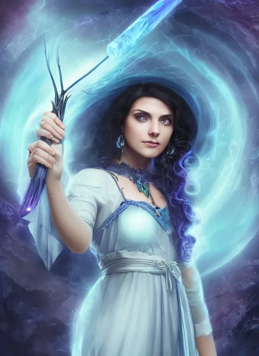 Image similar to a beautiful witch with long curly dark hair, large blue eyes and holding a wand with a very large magical gemstone at the top radiating energy, detailed matte painting, studio lighting, octane render, by anne stokes