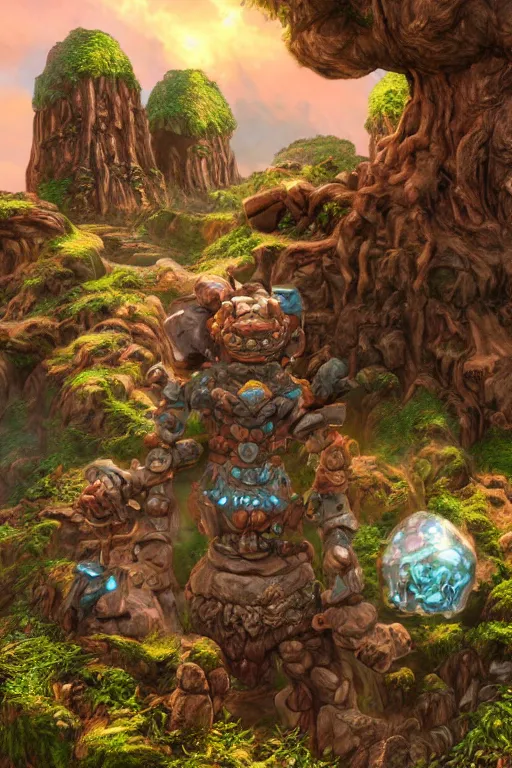 Image similar to zelda fantasy art giant golem troll wood rock greeble gemstone, global illumination ray tracing hdr fanart arstation by sung choi and eric pfeiffer and gabriel garza and casper konefal